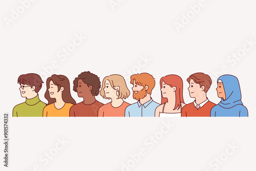 Multinational men and women of different races or religions stand in row, demonstrating unity and cohesion. Multinational guys and girls smiling, feeling proud or ready for cooperation