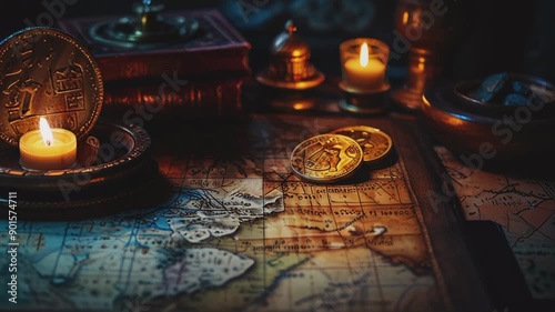 An antique ancient coin, Seamless 4K looping virtual video animation background