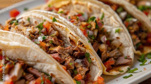 Delicious tacos filled with seasoned meat, fresh tomatoes, onions, and herbs, perfect for a flavorful meal or celebration. photo