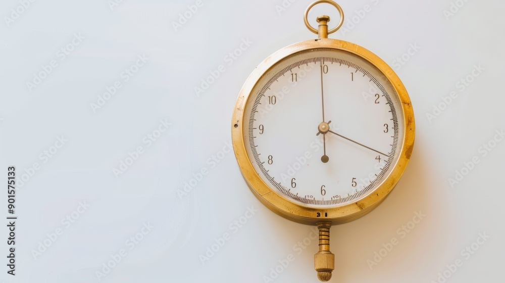 Classic brass barometer is mounted on a clean white wall, tracking atmospheric pressure changes