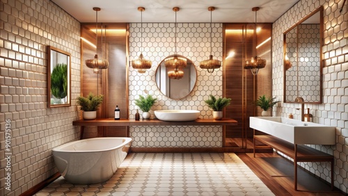 Interior design of a luxury bathroom restaurant. Minimalistic and elegant style. white tiles with organic patterns and copper colors. Generative AI. photo