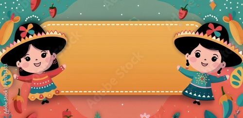 Two Girls in Sombreros Holding a Blank Banner