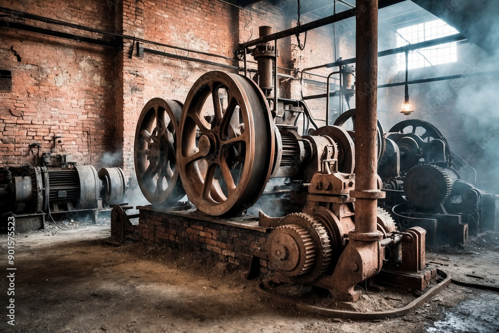 An old-fashioned brick factory with large gears and belts turning machinery. The atmosphere is dusty and industrial An old-fashioned brick factory with large gears and belts turning machinery. The atmosphere is dusty and industrial