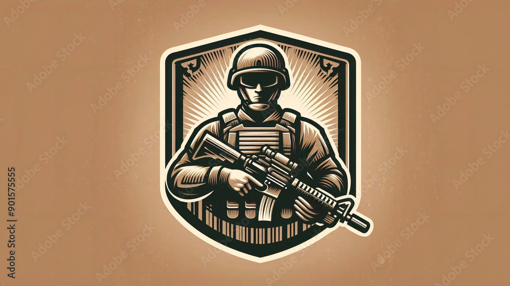 Illustration of a soldier badge. Concept with defense, military training or security services. Illustration of a soldier badge. Concept with defense, military training or security services.