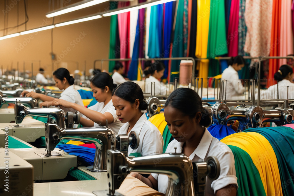 Inside a textile factory with rows of sewing machines and workers diligently stitching fabrics.