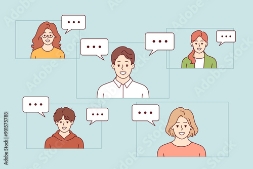 Video conferences people on internet to agree on business project or joint training at educational webinar. Cloud technologies for organizing video conferences and mass calls among company employees