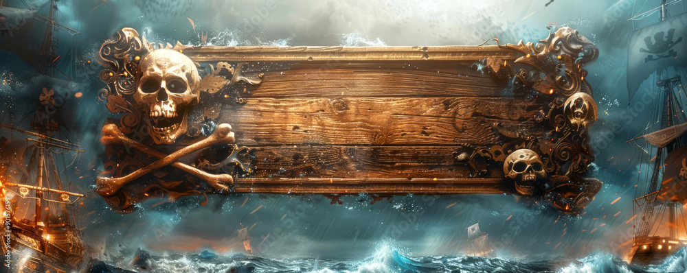 Naklejka premium An empty wooden board decorated with a skull and crossbones, set against a backdrop of a pirate ship and stormy seas, evoking a spooky pirate Halloween theme