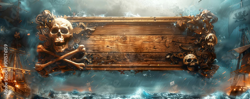 An empty wooden board decorated with a skull and crossbones, set against a backdrop of a pirate ship and stormy seas, evoking a spooky pirate Halloween theme