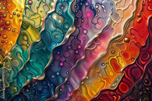 Psychedelic Flow. Abstract colorful background with wavy patterns and bubble-like shapes in vibrant hues, creating a fluid, mesmerizing effect.