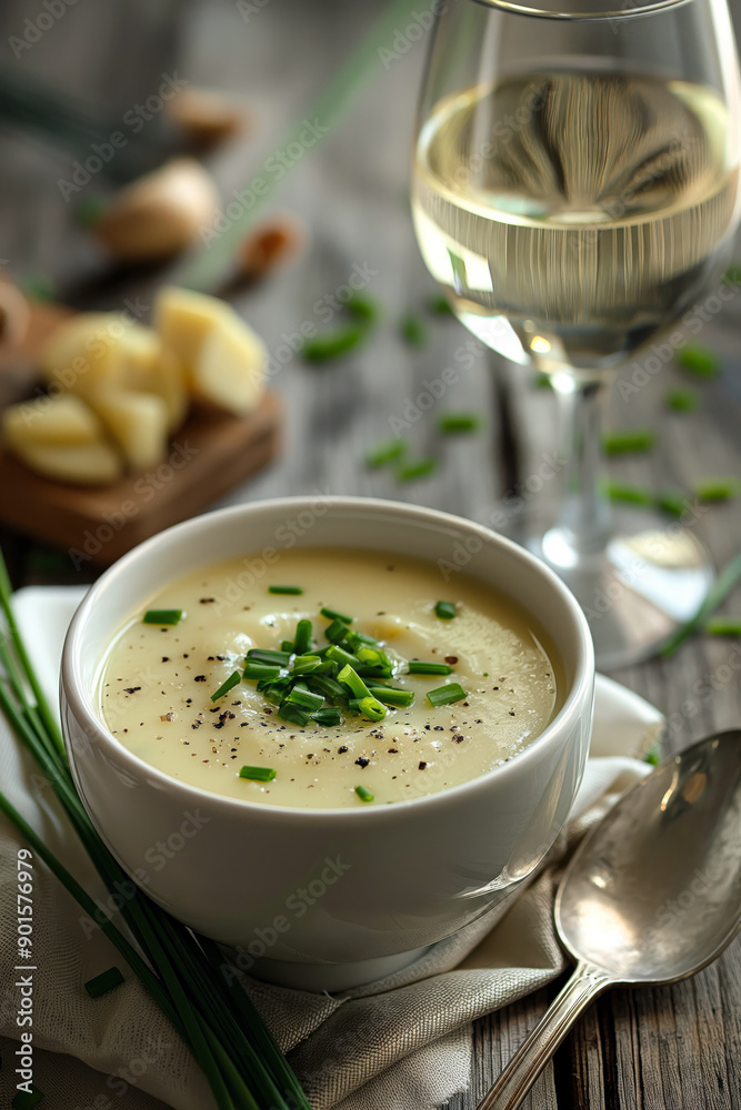 Vichyssoise (cold leek and potato soup) served in a delicate white bowl, garnished with chives and accompanied by a crisp white wine glass. Vichyssoise (cold leek and potato soup) served in a delicate white bowl, garnished with chives and accompanied by a crisp white wine glass.