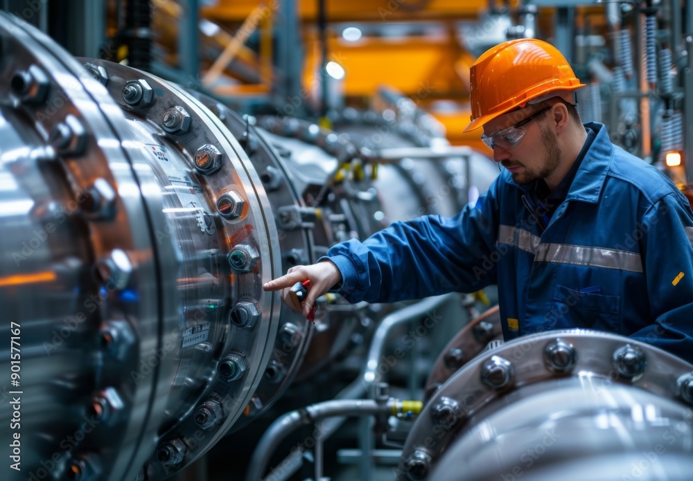 A technician inspecting carbon capture technology at a modern power plant, surrounded by advanced machinery A technician inspecting carbon capture technology at a modern power plant, surrounded by advanced machinery