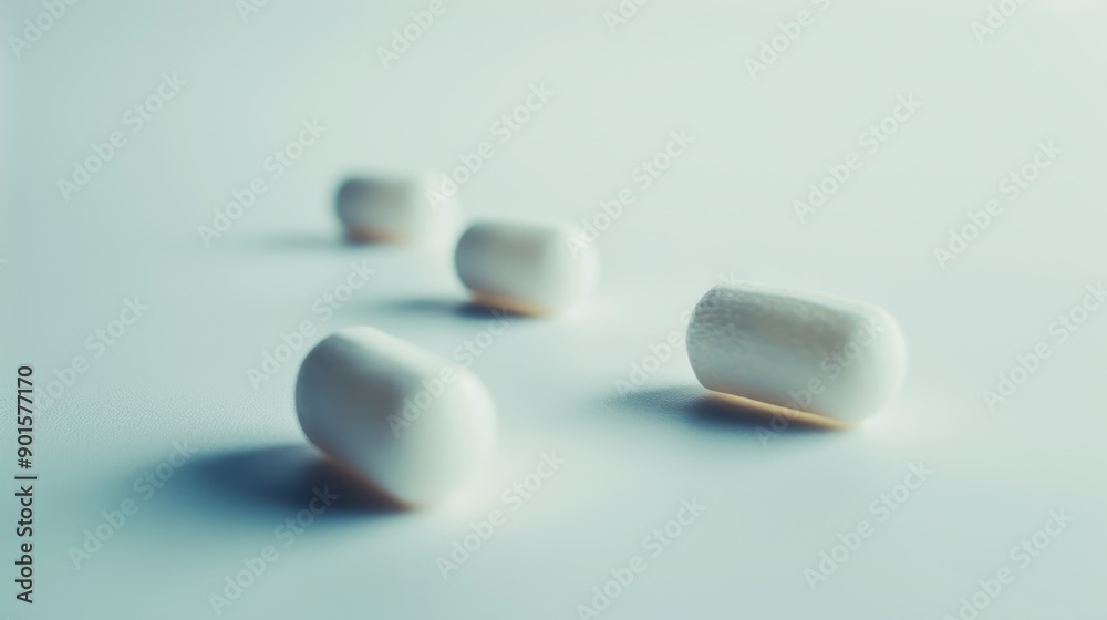 Four white pills arranged on a white surface, creating a gradual shift in depth Four white pills arranged on a white surface, creating a gradual shift in depth