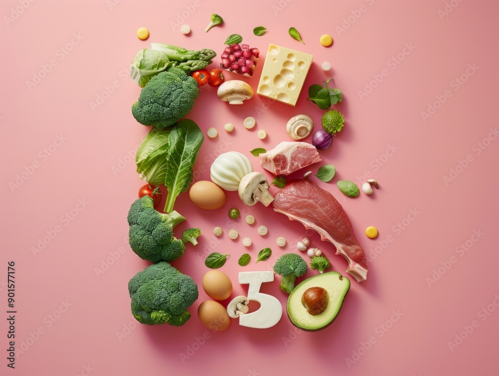 Obraz premium Medium shot of products 'citrus fruits (oranges, lemons), strawberries, kiwi, broccoli, peppers, cabbage' form a letter 'C', themed background,
