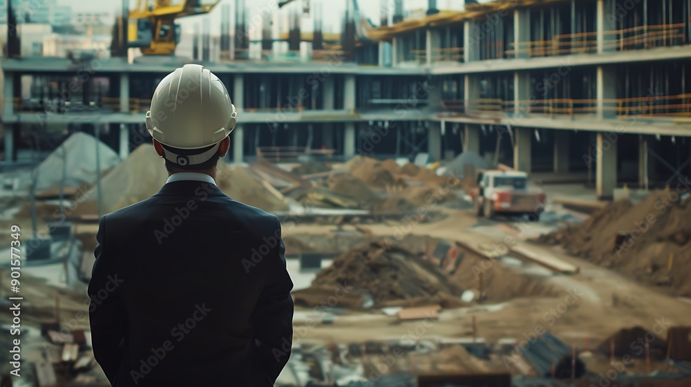 Arab professional wearing a project helmet and formal jacket visiting a construction site, engaged in overseeing and managing the large scale building project and construction progress Arab professional wearing a project helmet and formal jacket visiting a construction site, engaged in overseeing and managing the large scale building project and construction progress