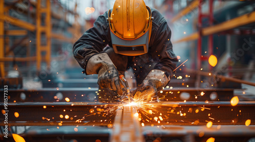 Worker in protective gear welding steel beams at a construction site, close-up on the welding process.
