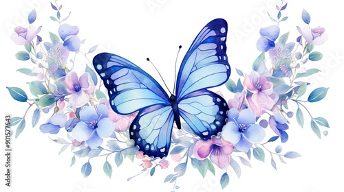Wallpaper Mural Beautiful watercolor blue butterfly with flowers  Torontodigital.ca