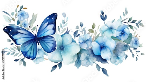 Watercolor Blue Butterfly with Flowers