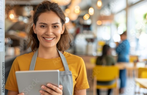 Smiling Waitress Using Tablet in Cafe