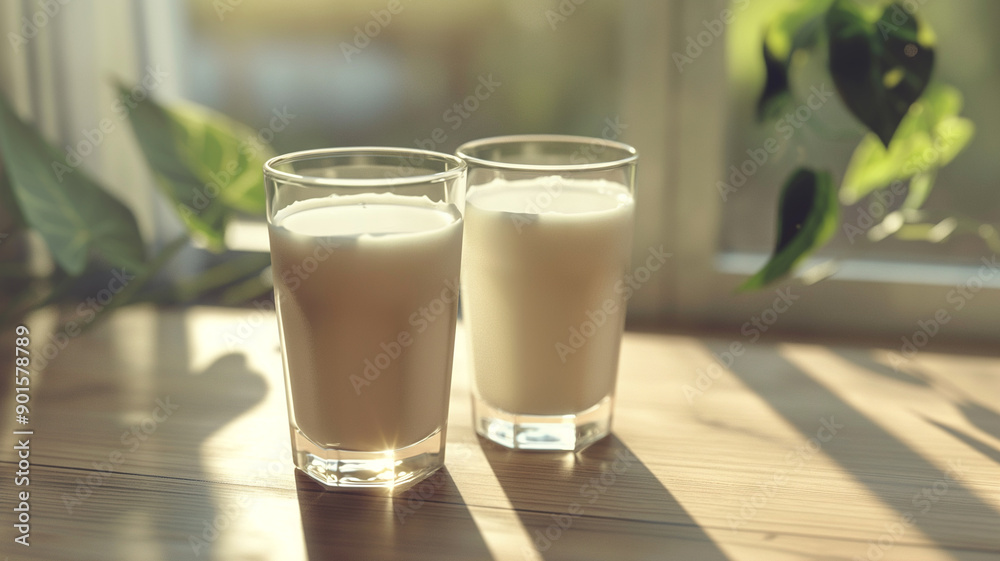 Two Glasses of Milk on a Wooden Table with Sunlight Streaming Through a Window Two Glasses of Milk on a Wooden Table with Sunlight Streaming Through a Window