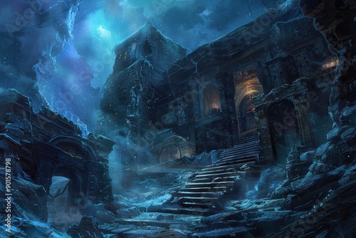 Ancient ruins of a forgotten underwater city illuminated by distant stars