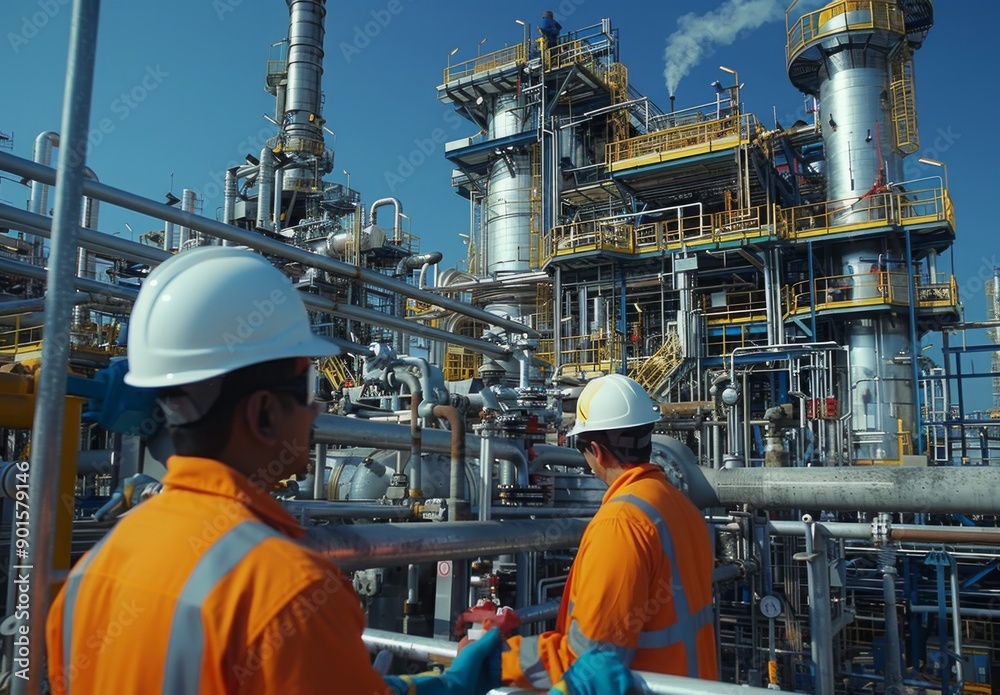 Engineers working on carbon capture units attached to a refinery, showcasing the technological complexity of the equipment