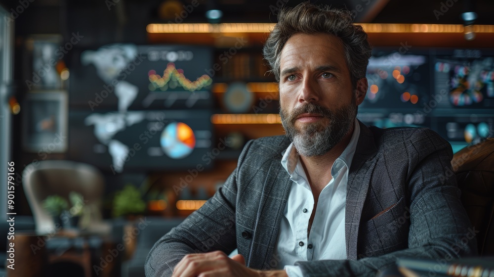 Fototapeta premium Businessman Analyzing Data in Modern Office With Digital Displays During Late Afternoon. Generative AI