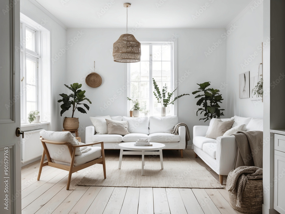 Fototapeta premium A Scandinavian style living room with white walls, light wood flooring, simple modern furniture