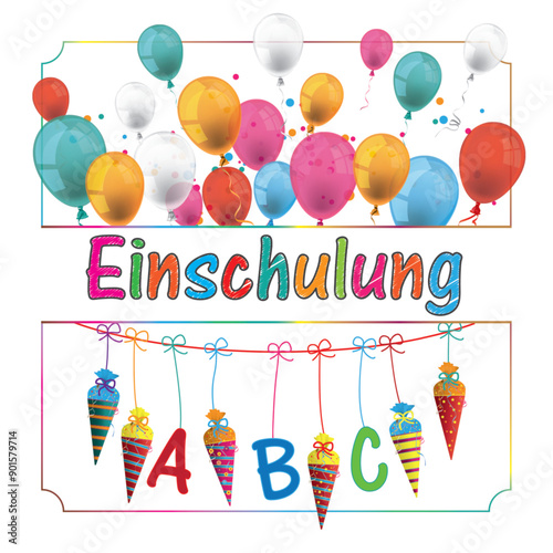 Einschulung Cover mit Luftballons und Schultüten