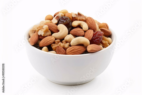A bowl filled with a mix of almonds, cashews, walnuts, and raisins.