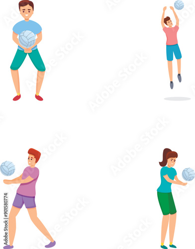 Volleyball sport icons set cartoon vector. People playing volleyball together. Sport, healthy lifestyle