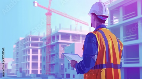 A Civil Engineer Overseeing a High-Rise Construction Project with Digital Plans