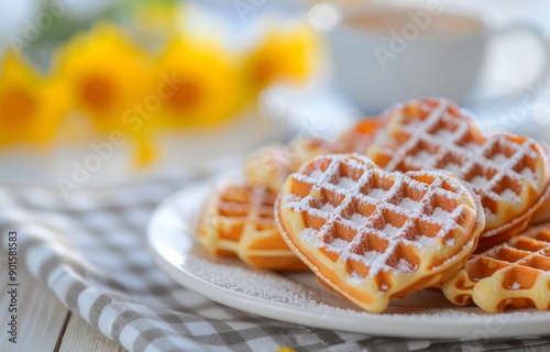 Heart-Shaped Waffles With Powdered Sugar