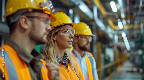 Group of engineers examining a construction site, dressed in professional clothing and protective gear, discussing the project. 