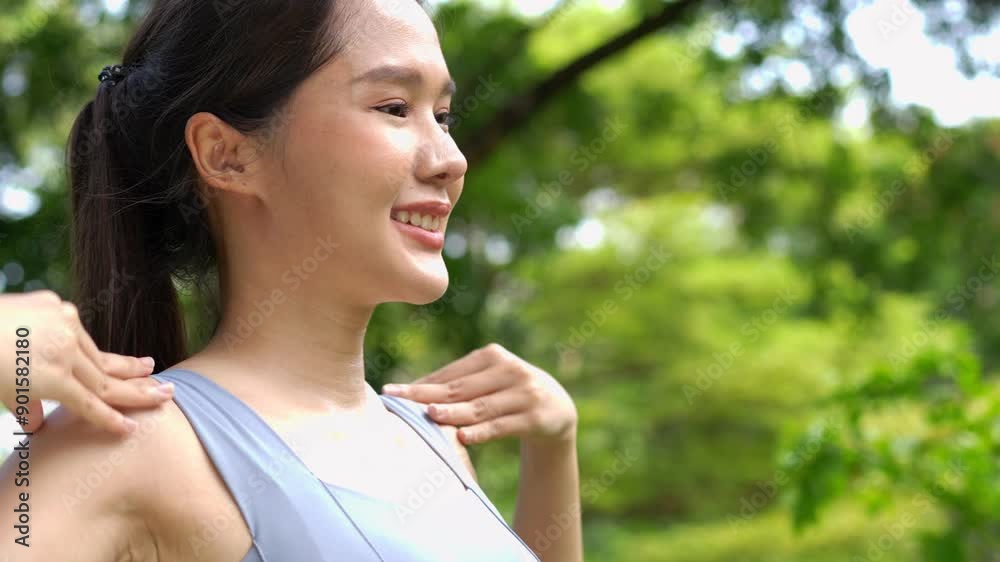Asian women are stretching their muscles before going out to run to the park, Outdoor shot of smiling fitness woman stretching and working out, workout morning healthy lifestyle, smiling sport woman Asian women are stretching their muscles before going out to run to the park, Outdoor shot of smiling fitness woman stretching and working out, workout morning healthy lifestyle, smiling sport woman
