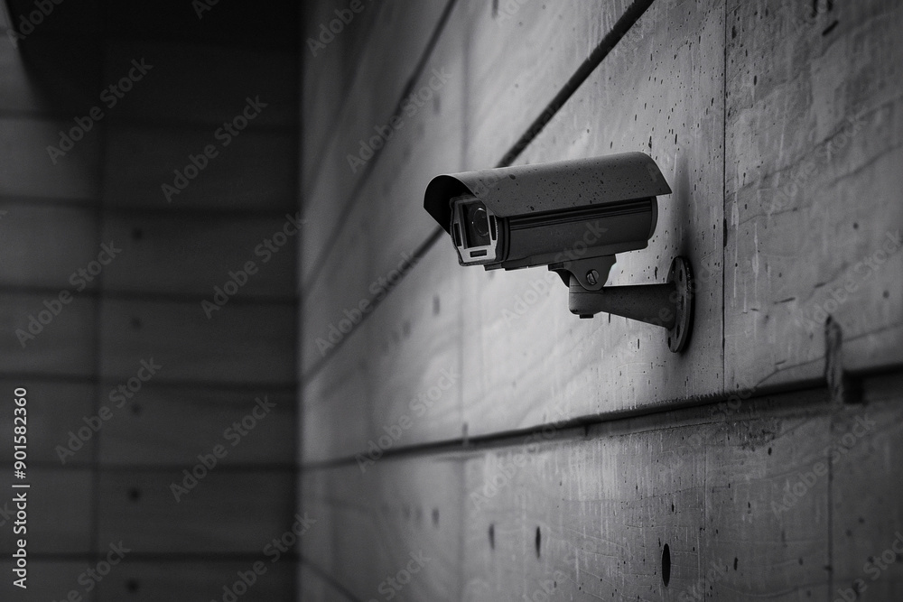 A securely attached camera to a wall, suitable for security monitoring purposes. A securely attached camera to a wall, suitable for security monitoring purposes.