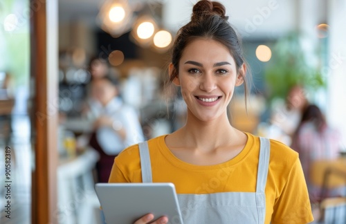 Smiling Waitress Using Tablet in Cafe