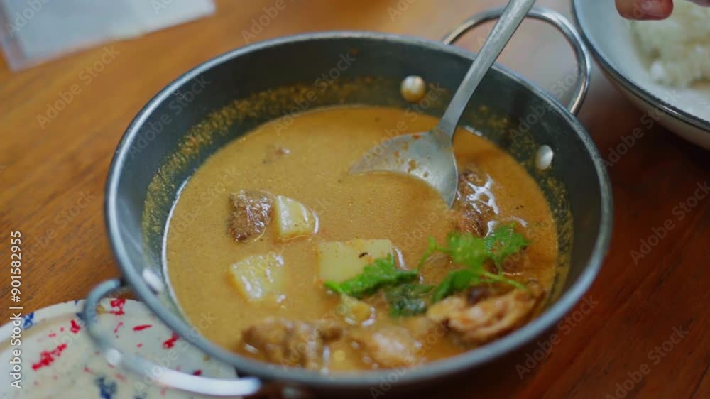 A close-up of a traditional Asian curry dish in a metal bowl, featuring tender meat and vegetables in a rich, creamy sauce. A spoon is partially dipped into the curry, indicating it is being served. A close-up of a traditional Asian curry dish in a metal bowl, featuring tender meat and vegetables in a rich, creamy sauce. A spoon is partially dipped into the curry, indicating it is being served.