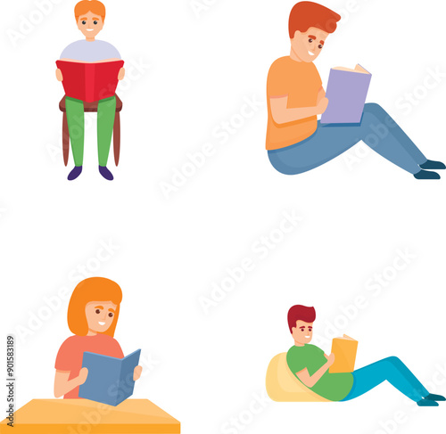 Book festival icons set cartoon vector. Male and female character reading book. Education, literature