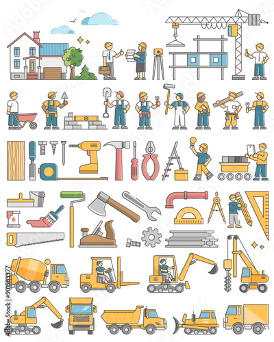 Construction set tools, instruments and equipment collection outline concept, transparent background. Isolated objects and elements with professional builder work stuff illustration.