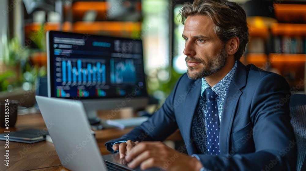 Professional Man Analyzing Data on Laptop in Modern Office Space During Afternoon Hours. Generative AI Professional Man Analyzing Data on Laptop in Modern Office Space During Afternoon Hours. Generative AI