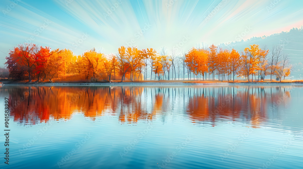 Vibrant abstract of a tranquil lake reflecting colorful autumn trees, first day of fall serenity Vibrant abstract of a tranquil lake reflecting colorful autumn trees, first day of fall serenity