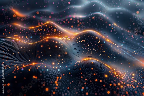 Cosmic Waves. Description: Abstract digital art depicting swirling cosmic waves with vibrant light particles.