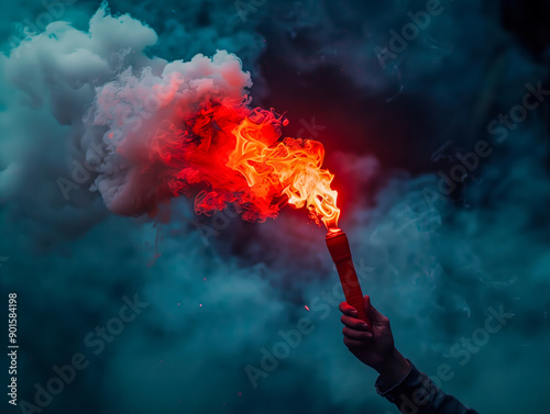 Burning red flare flame football hooligan