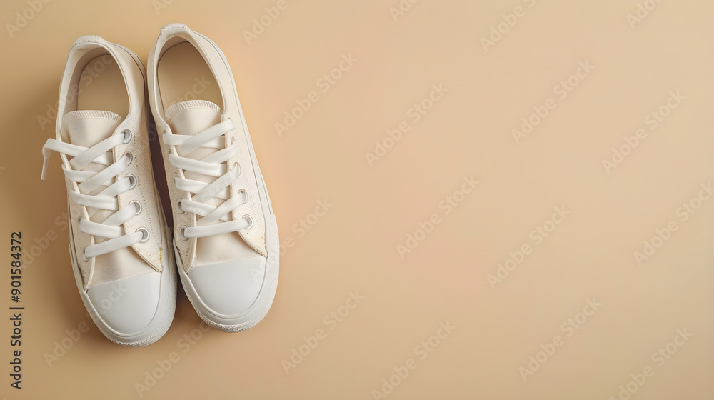 New pair of white sneakers shown on a simple beige background New pair of white sneakers shown on a simple beige background