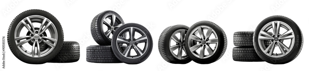 Several car tires are arranged artistically on a white background, showcasing various designs and tread patterns in a well-lit setting Several car tires are arranged artistically on a white background, showcasing various designs and tread patterns in a well-lit setting