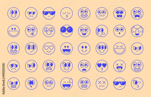 Retro emoji labels set. Sticker pack in trendy cartoon line style. Editable stroke elements. Isolated vector illustration. 