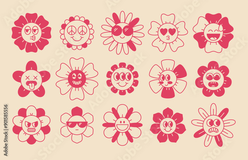 Retro flower characters set with emotions. Sticker pack in trendy retro  cartoon style. Editable stroke elements. Isolated vector illustration.