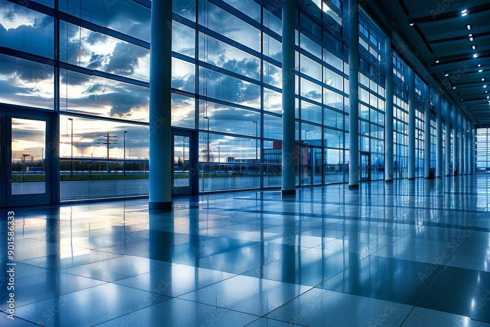 Bright modern office with floor to ceiling windows and sleek furniture creating a vibrant and professional work environment. Bright modern office with floor to ceiling windows and sleek furniture creating a vibrant and professional work environment.