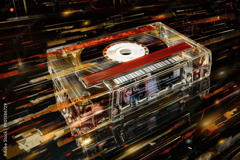 Fototapeta premium Neon retro cassette tape on digital background