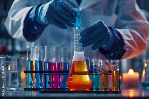 Close up of a scientist's hands holding a beaker with colorful liquid.